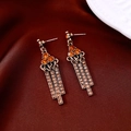 Detailed macro of vintage style triangle tassel earrings with amber rhinestones on silk - A Pair of Tassel Earrings (Silver Needle-Gold-Coffee)