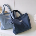 Detail of light and dark blue corduroy tote bags with simple wish label on white background - Dark Blue