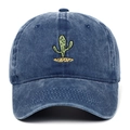 Detail of green cactus embroidery on vintage washed blue denim cotton baseball cap - Navy Blue