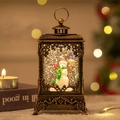 Vintage bronze Christmas lantern with snowman scene and glittering snow effect - Hollow Carved Style-Snowman