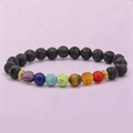 Adjustable 7 chakra lava stone bead bracelet with colorful natural stones and gold spacers - Matte Lava Stone with 7 Chakra Elastic Bracelet - jw28