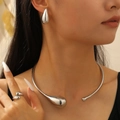 Three-piece silver droplet jewelry set with mirror-finish necklace, ring and earrings - Earrings + Ring + Choker (57) / Three-Piece Set / Bright Silver