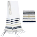 Châle de prière Tallit messianique blanc en polyester avec rayures bleu marine et or et sac - 52x180cm / Blanc avec rayures bleu marine
