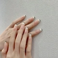 French tip press-on nails with black and white line design on long square nude base - Bs2047#water And Sky In One Color / Phototherapy Glue Style