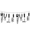 Detail of bloody horror weapon banner set including fake saws and knives for Halloween party - Bloody Weapon Style