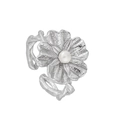 Silver S925 sterling silver flower ring with pearl inlay and adjustable open band design - Model 017730 / Single Flower Pearl Style