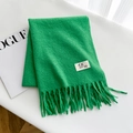 Vibrant green winter scarf with tassels and logo tag folded on a white background - 13# Oil Green / Over 175cm
