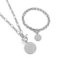 Silver stainless steel paperclip chain necklace and bracelet set with coin pendant - Silver Saint Benedict Medal Set (KS138519-Z)