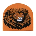 Detailed knit texture of orange beanie with sharp lion head pattern and layered mane - M (56-58cm) / Orange