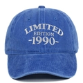 Detail of white embroidery with LIMITED EDITION 1990 on navy blue washed cotton cap - Adjustable / Sapphire Blue