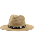 Classic straw fedora hat with a studded black leather band for summer beach sun protection - 58cm / Khaki