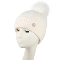 Women's white knit beanie with fluffy faux fur pompom and rhinestone M logo detail - L(58-60cm) / White