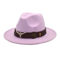 Detail of lavender fedora hat featuring brown leather band and silver bull head ornament - M (56-58cm) / Taro Purple