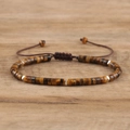Handmade woven imperial stone bracelet with tiger eye beads and adjustable cord on wood - No.4 Tiger Eye