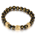 Ethnisches Onyx Armband mit goldenem Buddha Kopf und gravierten Mantra Perlen auf Weiß - Pixiu Transfer-Perlen-Stil (KB75572-BD)