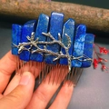 Detail of lapis lazuli crystal pillars and silver branch on a handmade hair comb - Lapis Lazuli + Branch