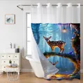 Detail view of silver metal grommets and waffle weave fabric on elk print shower curtain - 181x188cm / Fantasy Forest Sika Deer Blue Gold Green