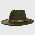 Macro detail of deep olive green wool fedora with brown leather strap and silver metal buckle - Army Green