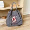 Gray nylon tote bag featuring pink cartoon bear embroidery and checkered rope handles - Grey Chubby Bear