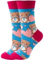 Detail of blue cotton socks with pink bear and heart patterns and rose red accents - EU 36-42 / Blue Heart Bear