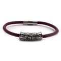Close-up of deep red leather bracelet with engraved silver tube and magnetic clasp - Platinum S