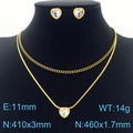 Golden double-layer stainless steel necklace and heart glass earrings jewelry set - Gold Red Heart Style (KS201210-HDJ)