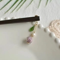 Wooden hair stick with purple glass flower and green leaf pendant for hair bun - Purple Bud (Wooden)