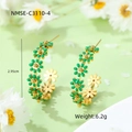 Golden daisy hoop earrings with green enamel petals and C-shape floral design - Dark Green Earrings