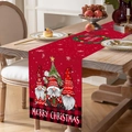 Christmas gnome table runner with Merry Christmas text on wooden dining table setting - Gnome with Gift