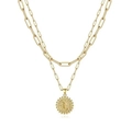 Detail view of double-layer gold necklace with embossed letter L circular pendant - Letter-L