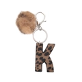 Western style leopard print letter K leather keychain with brown faux fur pom pom charm - Leopard Letter K