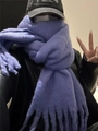 Fashionable purple mohair scarf with fringe detail shown in a casual lifestyle setting - Purple