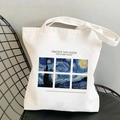 White cotton canvas tote bag featuring Van Gogh's Starry Night print with black text - Starry Night Blocks (STD525-L)
