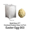 Geometric Easter egg silicone mold with faceted yellow resin model and size dimensions - No. 3 Egg
