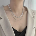 Silver layered necklace set with flat snake chain and delicate link chain in polished steel - Blade Chain with Round Snake Chain Style (H490) / Steel