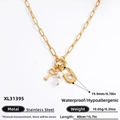 Gold stainless steel necklace with heart lock, key, and pearl charms, waterproof variant - Heart Lock & Key Style (XL31395)