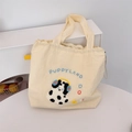 Detailed plush puppy embroidery and blue Puppyland text on beige canvas tote bag - Beige-Headphone Dog