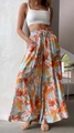 Pantalon large à taille haute pour femme avec imprimé floral orange et vert et cordon - Imprimé Multicolore