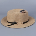 French style flat top straw boater hat with black ribbon and gold buckle detail - M (56-58cm) / Khaki - Black Decoration