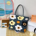 Dark grey felt tote bag with colorful floral prints and comfortable handles - Sunflower
