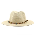 Straw Panama hat for men and women featuring a colorful beaded decorative band - Beige