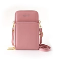 Pink PU leather crossbody phone bag for women with dual zippers and adjustable shoulder strap - Pink