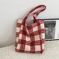 Red and white checkered tote bag in soft fleece fabric with gold logo detail - Red Big Check