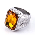 Men's silver-tone stainless steel ring featuring a large amber rectangle gemstone - US 7 / Steel Base Yellow Gemstone