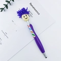 Purple fuzzy hair cartoon smiley face stylus pen with a colorful striped clip - Deep purple