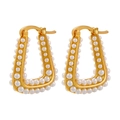 Detailed close-up of 18K gold-plated trapezoid hoop earrings with faux pearl pavé inlay - Trapezoid Hoop / Gold