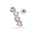 Boucle d'oreille en acier titane avec cœurs en zircon violet, rose et blanc - Style avec Rangée de Cœurs Colorés (A-456 Pièce Unique)