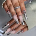 Long coffin press-on nails with black white swirl patterns and rhinestone accents - K019【24pcs】 / Boxed (jelly Gel + Granules)
