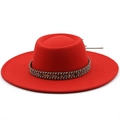 Detail of red flat top wool boater hat with ethnic woven band and brown leather cord - M (56-58cm) / Orange Red