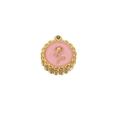 Pink enamel rose pendant with golden scallop edge for DIY necklace and earring crafts - Round Rose / Pink